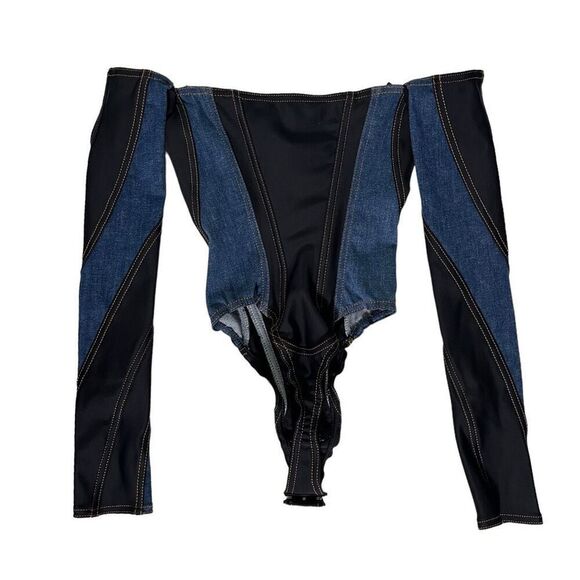 Mugler Corset Bodysuit in Medium Blue & Black - Picture 4 of 11